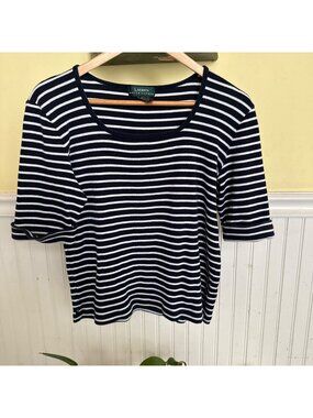 Lauren Ralph Lauren Navy & White Striped Ribbed Knit Top L